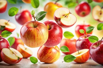A floating apple slice, captured in surreal tilt-shift photography; airy leaves and whimsical lighting.