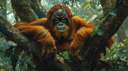 Obraz premium An orangutan perches gracefully on a verdant branch amidst a dense jungle canopy. Its vibrant orange-brown fur gleams against the lush foliage, capturing its serene presence in nature's embrace
