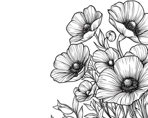 Fototapeta premium Anemone bouquet drawing on white backdrop. Floral illustration for decoration, invites, or cards