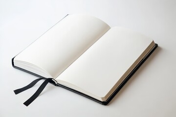 Blank Notebook with White Pages and Black Cover - A pristine, open notebook with blank white pages and a sleek black cover. Symbolizing new beginnings, potential, creativity, ideas, and knowledge