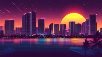 Fototapeta premium Vibrant city skyline silhouette against a twilight horizon with glowing sun and reflections on water