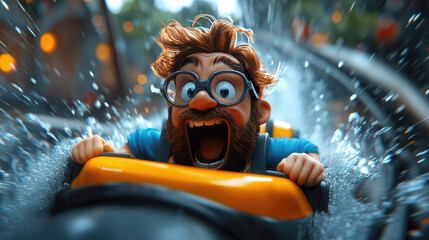 Excited Man Rides Water Slide in City