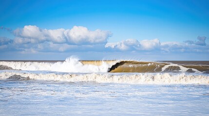 Powerful ocean wave crashing on beach, sunny sky