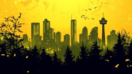 Vibrant city silhouette against a golden horizon surrounded by trees at sunset