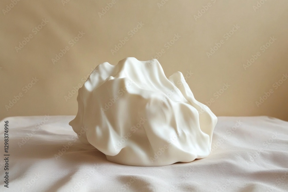 Poster unique white sculpture resembling a soft, flowing fabric displayed on a neutral background in a cont
