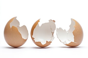 Broken Eggshells on White Background - Three broken eggshells are arranged on a white background. The shells are light brown and show various cracks and pieces