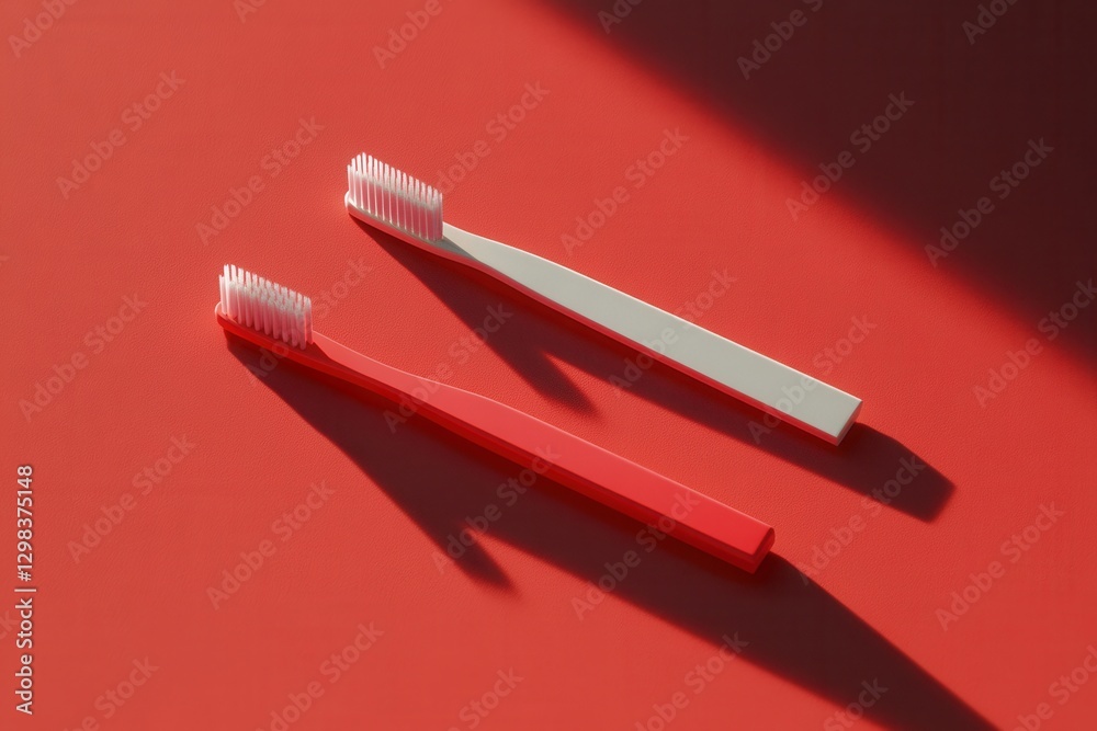 Poster Two toothbrushes in contrasting colors lie on a vibrant red surface highlighting their unique designs and shadows