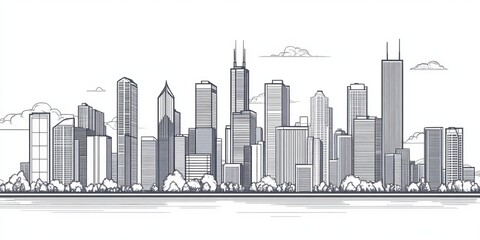 Fototapeta premium Silhouette of an urban skyline with tall buildings against a cloudy horizon in a minimalist design