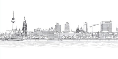 Naklejka premium Silhouette of a city skyline against a horizon revealing iconic structures and modern buildings