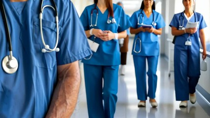 Healthcare Heroes: A group of dedicated healthcare professionals, wearing scrubs and stethoscopes, moves confidently down a bright, sterile corridor