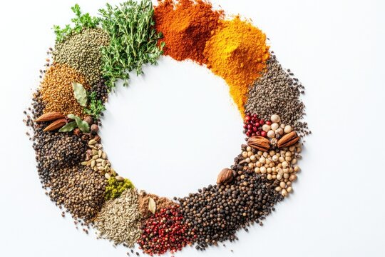 Colorful spices arranged in a circle on white background.