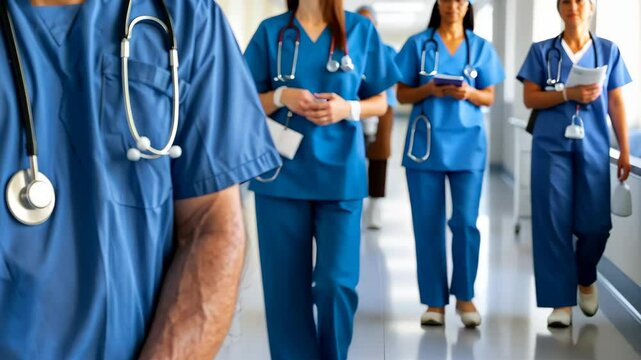 Healthcare Heroes: A group of dedicated healthcare professionals, wearing scrubs and stethoscopes, moves confidently down a bright, sterile corridor