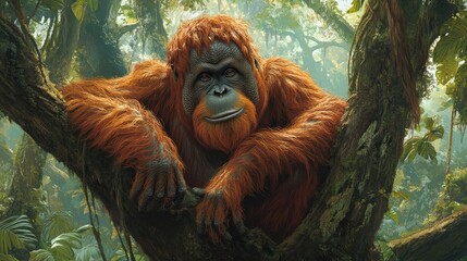 Obraz premium An expressive orangutan gazes intently from a verdant forest canopy, nestled among vibrant branches and leaves, capturing an intimate connection in its serene, lush setting