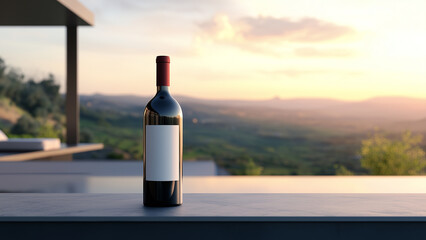 Fototapeta premium Minimalist Red Wine Bottle on a Modern Terrace with Italian Countryside View