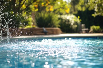 Water splashes in a sunlit pool surrounded by lush greenery on a warm afternoon