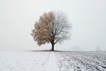 Tree standing alone in a snowy field during winter showcasing seasonal contrasts and beauty