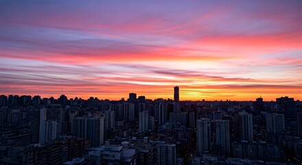 Fototapeta premium A pink and purple sky as the sun sets over a city skyline.jpg