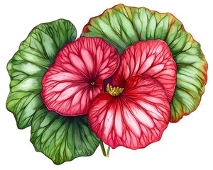 Begonia bloom artwork with leaf detail and white backdrop for decorative floral design element use