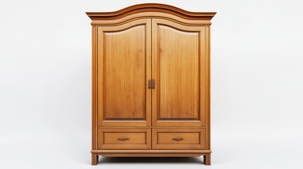 A full, eye-level shot of a light-tan, wooden wardrobe with a curved top, two doors, and two drawers, showing the wood grain and paneling, against a pure white background. 