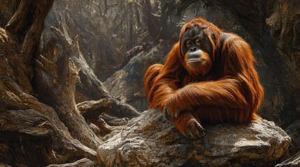 Obraz premium An intricately illustrated orangutan perched on a rocky outcrop, showcasing vivid fur details and expressive facial features against a lush forest backdrop