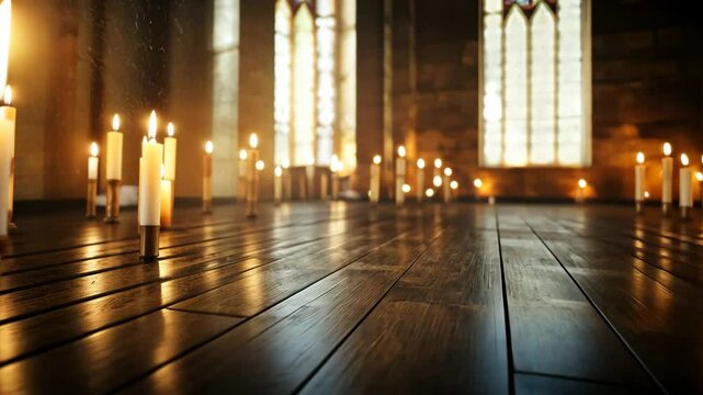 Candlelit Grandeur: A close-up perspective of a stately chamber illuminated by the flickering glow of numerous candles, casting long.