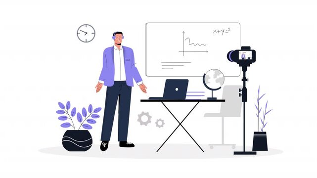 A 2D vector animation illustrating virtual learning and online education concepts.