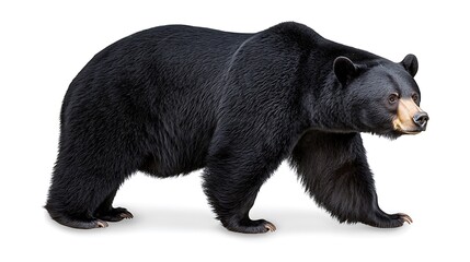 Fototapeta premium Black bear walking on white backdrop, studio portrait, ready for wildlife, animal, nature publications