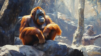 Obraz premium A majestic orangutan perched atop a rugged rock surveys its surroundings with serene focus, eyes gazing leftward, embodying tranquil strength