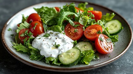 Fresh salad with yogurt dressing, kitchen setting
