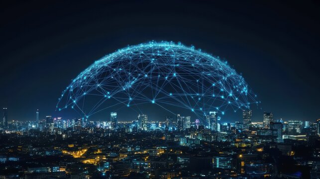 A nighttime cityscape with a large dome of digital connection lines, highlighting a smart connected city skyline with advanced technology