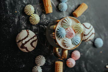 Hot Coffee with Meringues and Wafers