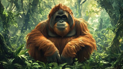 Obraz premium An orangutan sits gracefully amidst a verdant forest; its vibrant orange-brown fur contrasts with piercing black eyes, surrounded by rich foliage in serene harmony