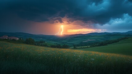 Fototapeta premium Lightning illuminating the rolling hills of a countryside during twilight