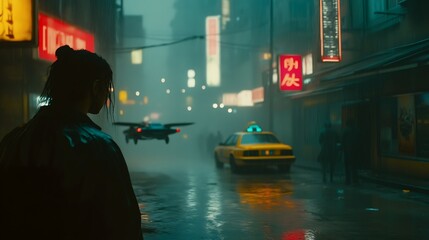 Fototapeta premium A figure looks at a futuristic cityscape in the rain