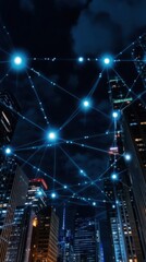 A nighttime cityscape with digital networks linking buildings, showcasing a smart connected city skyline, utilizing advanced technology