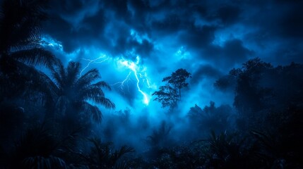 Lightning reflecting on the surface of a serene mountain lake under a cloudy sky