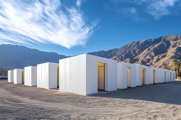 Naklejka premium Modern Minimalist White Cubes Desert Landscape Architecture