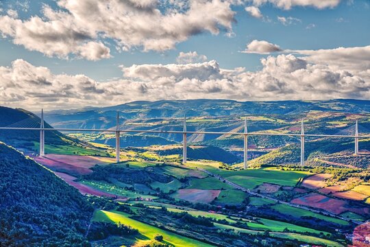 MILLAU, FRANCE - SEPTEMBER 29, 2021: Millau Viaduct multispan cable-stayed bridge over Tarn valley in France. Considered one of the greatest achievements in engineering in modern times.