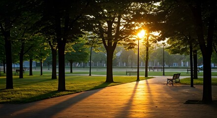 Fototapeta premium A quiet city park with trees and benches during golden hour.jpg