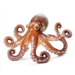 Obraz premium Common Octopus Full Body Real on White Background - A detailed close-up of a common octopus on a white background. Symbolizing intelligence, adaptability, camouflage, mystery, and the ocean's depths