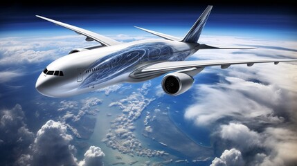 Obraz premium Realistic airplane flying over the globe with clouds and blue sky for aviation and travel imagery