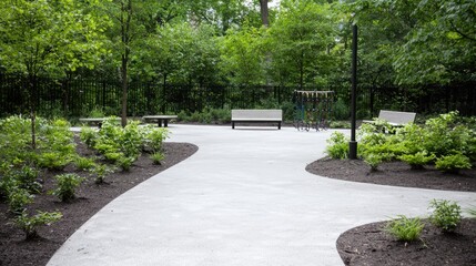 Serpentine pathway in urban park, benches, trees
