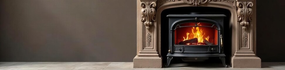 Ornate iron stove, elegant design, clean background, wrought iron, iron stove