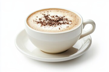 Creamy Cappuccino Coffee Drink - A delicious cappuccino coffee in a white cup and saucer, topped with chocolate shavings. Perfect for a cafe menu or coffee shop advertisement