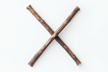 Crossed Wooden Sticks on White - Two dark brown wooden sticks arranged in an X shape against a white background. Simple, rustic, and minimalist