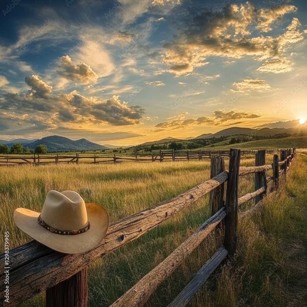 Aufkleber Sunset view over grassy field with a cowboy hat resting on a rustic wooden fence. Generative AI
