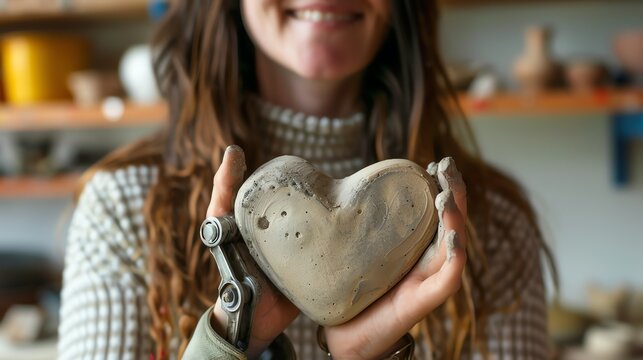 A woman with long brown hair and a prosthetic arm smiles as she holds a heart-shaped piece of pottery.