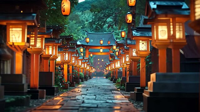 Under the soft glow of lantern light, the Japanese cemetery comes alive during Obon, honoring ancestors. Visitors walk slowly along the rain-kissed stones, reflecting deep respect and remembrance.