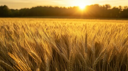 Fototapeta premium Golden Wheat Field Under Bright Sunset in Rural Landscape View