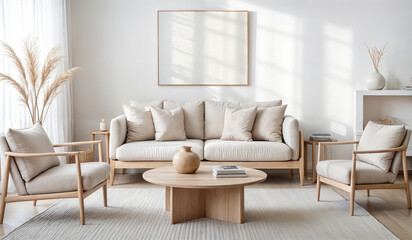 This image shows a modern, minimalist living room with a neutral color palette. It includes a cream-colored sofa with chairs, a wooden coffee table, and decorative elements such as vases and books.	
